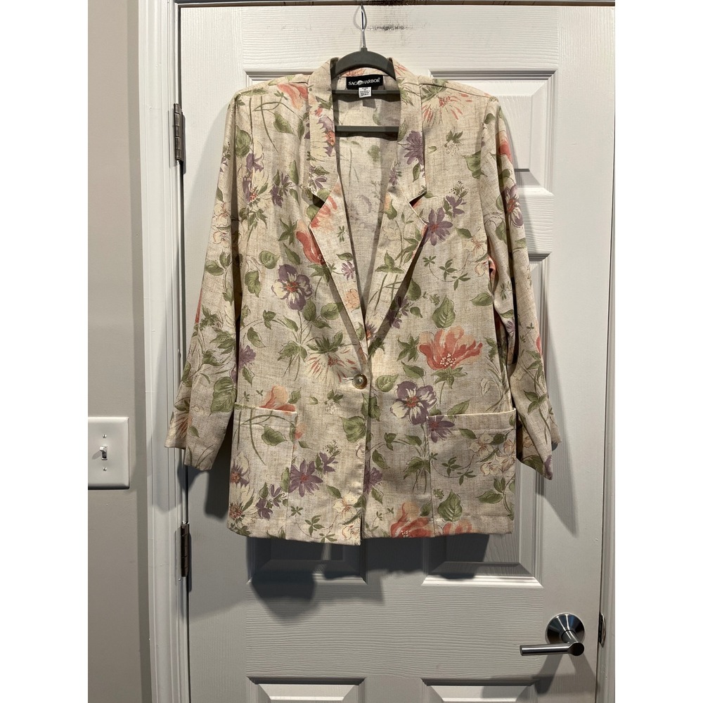 Sag Harbor Vintage Floral Linen Blend Blazer Jacket Tan Pink Purple Size 16
